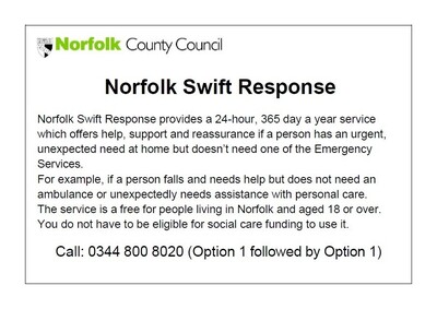 Urgent unplanned care needs? Fallen but unhurt? Call Norfolk Swift Response (postcard)