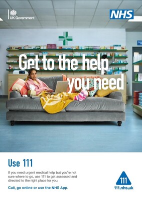 Get to the help you need - female in pharmacy (A4 poster)