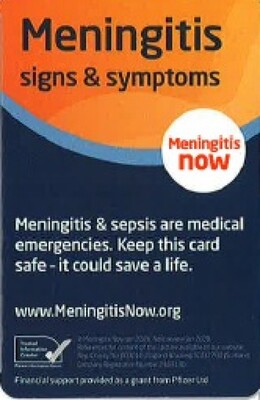 Meningitis signs and symptoms (card)